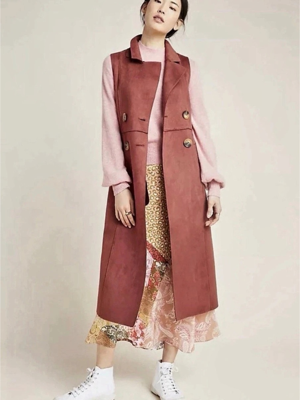 Anthropologie Tandy Longline Utility Suede Vest - Crimson Brown - XS